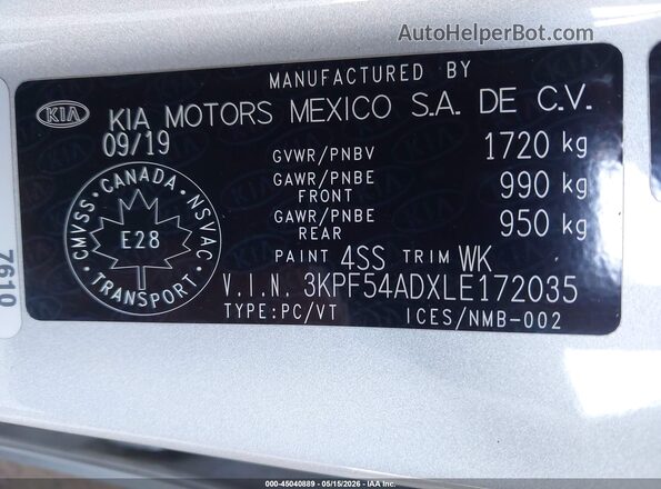 3KPF54ADXLE172035 2020 KIA FORTE Silver Vista del compartimento del motor