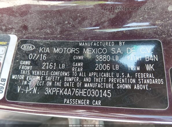 3KPFK4A76HE030145 2017 KIA FORTE Burgundy ძრავის განყოფილების ხედი