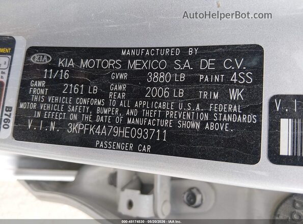 3KPFK4A79HE093711 2017 KIA FORTE Silver Engine compartment view