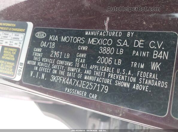 3KPFK4A7XJE257179 2018 KIA FORTE Темно-бордовый Вид подкапотного пространства