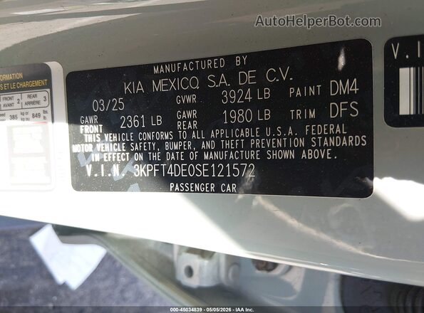 3KPFT4DE0SE121572 2025 KIA K4 Gray Engine compartment view