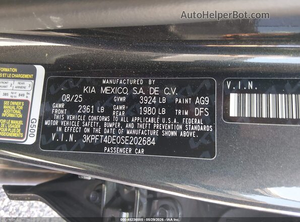 3KPFT4DE0SE202684 2025 KIA K4 Gray Вид підкапотного простору