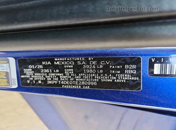 3KPFT4DE0TE280996 2026 KIA K4 Blue 