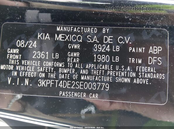 3KPFT4DE2SE003779 2025 KIA K4 Black ძრავის განყოფილების ხედი