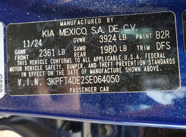 3KPFT4DE2SE064050 2025 KIA K4 Blue ძრავის განყოფილების ხედი
