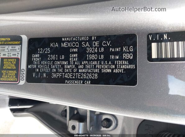3KPFT4DE2TE262628 2026 KIA K4 Gray ძრავის განყოფილების ხედი