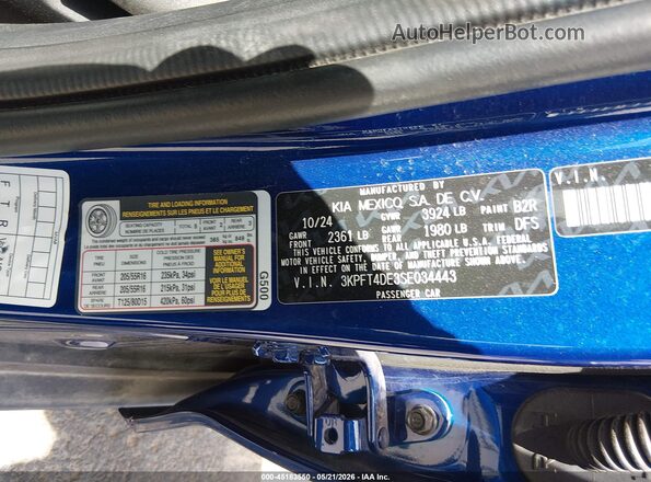 3KPFT4DE3SE034443 2025 KIA K4 Blue Engine compartment view