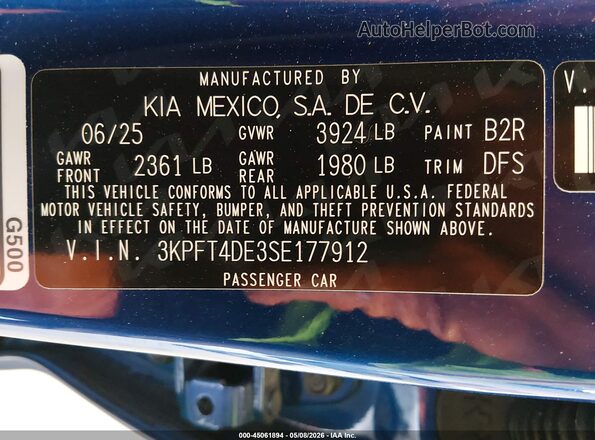 3KPFT4DE3SE177912 2025 KIA K4 Blue Вид підкапотного простору