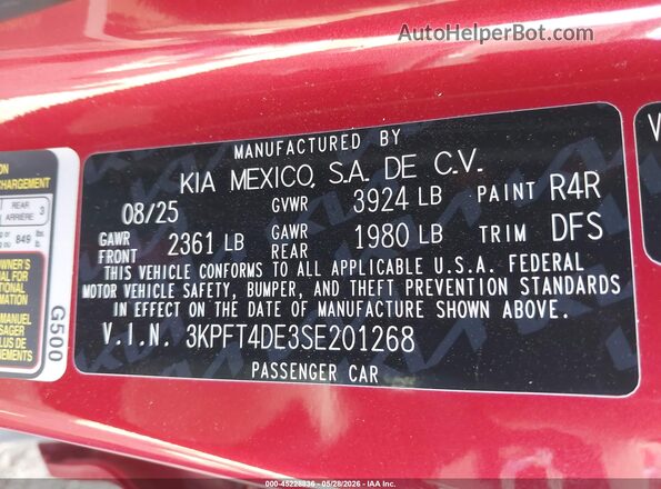 3KPFT4DE3SE201268 2025 KIA K4 Maroon Widok komory silnika