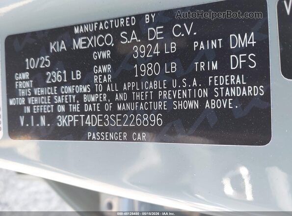 3KPFT4DE3SE226896 2025 KIA K4 Gray Շարժիչի բաժամունքի տեսք