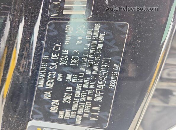 3KPFT4DE4SE019711 2025 KIA K4 Black VIN კოდის სტიკერის ხედი