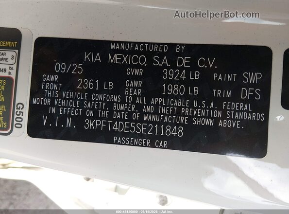 3KPFT4DE5SE211848 2025 KIA K4 White ძრავის განყოფილების ხედი