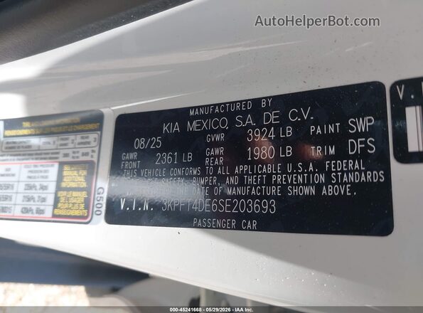 3KPFT4DE6SE203693 2025 KIA K4 White Вид підкапотного простору