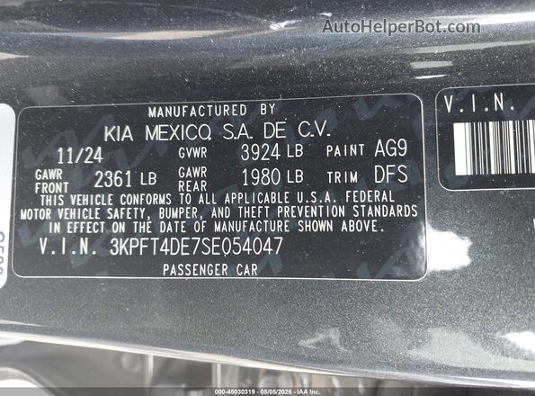 3KPFT4DE7SE054047 2025 KIA K4 Gray 