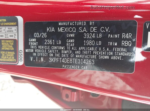 3KPFT4DE8TE314263 2026 KIA K4 Red Вид підкапотного простору