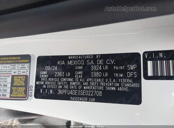 3KPFU4DE1SE022708 2025 KIA K4 White Widok komory silnika