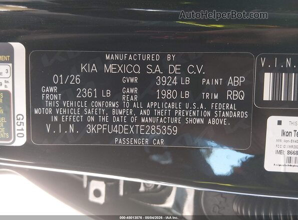 3KPFU4DEXTE285359 2026 KIA K4 Black Շարժիչի բաժամունքի տեսք
