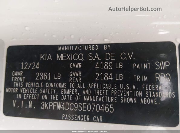 3KPFW4DC9SE070465 2025 KIA K4 White Widok komory silnika