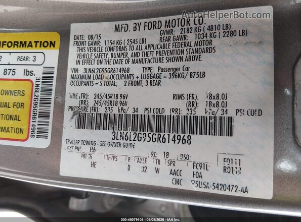3LN6L2G95GR614968 2016 LINCOLN MKZ Gold Շարժիչի բաժամունքի տեսք