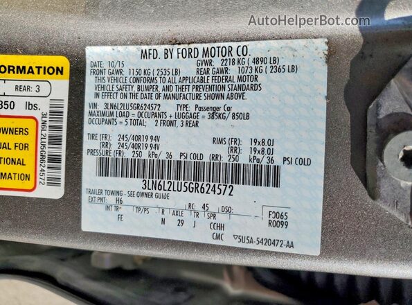 3LN6L2LU5GR624572 2016 LINCOLN MKZ Gray 