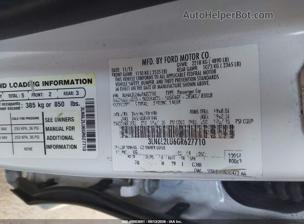 3LN6L2LU6GR627710 2016 LINCOLN MKZ HYBRID White ძრავის განყოფილების ხედი