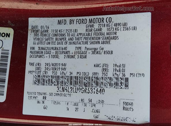 3LN6L2LU9GR631640 2016 LINCOLN MKZ HYBRID Burgundy Vista del compartimento del motor