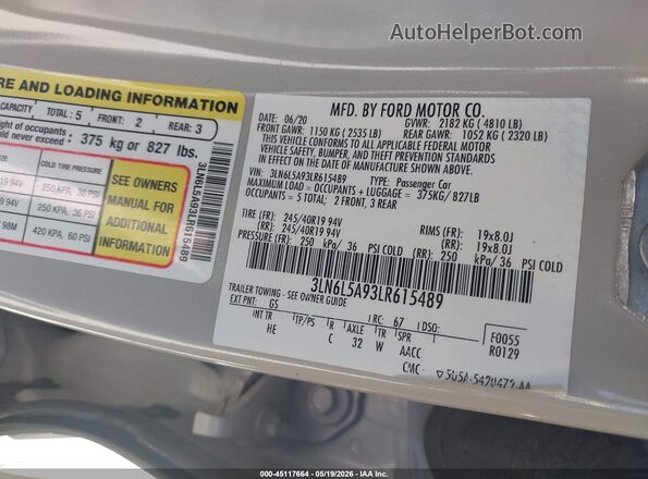 3LN6L5A93LR615489 2020 LINCOLN MKZ White Engine compartment view