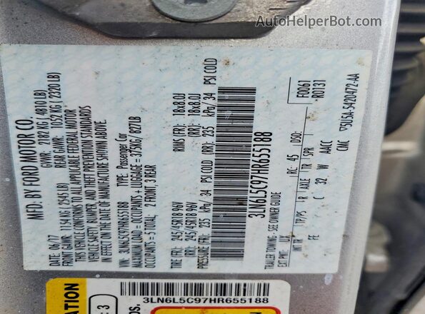 3LN6L5C97HR655188 2017 LINCOLN MKZ Silver Vista del compartimento del motor