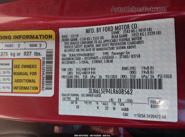 3LN6L5E94LR608562 2020 LINCOLN MKZ Red Вид підкапотного простору