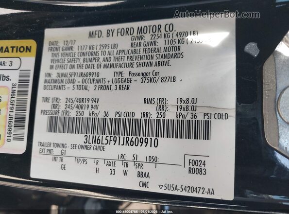 3LN6L5F91JR609910 2018 LINCOLN MKZ Черный Вид подкапотного пространства