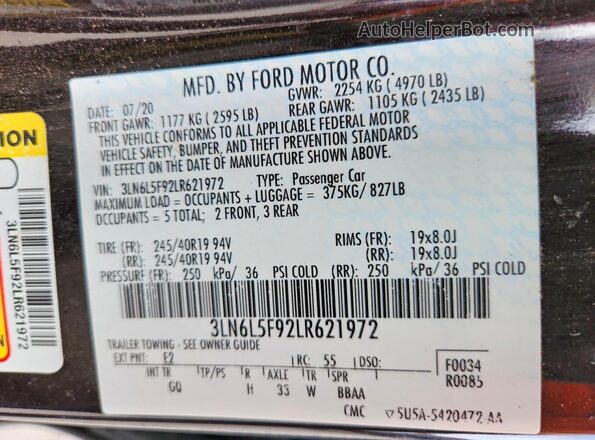 3LN6L5F92LR621972 2020 LINCOLN MKZ Maroon Вид підкапотного простору