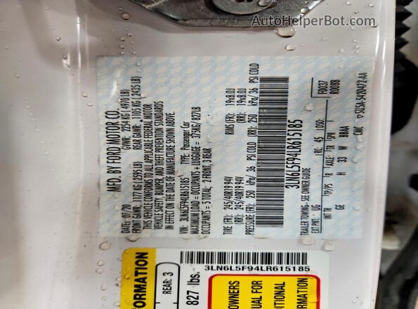 3LN6L5F94LR615185 2020 LINCOLN MKZ White Вид наклейки з VIN-кодом