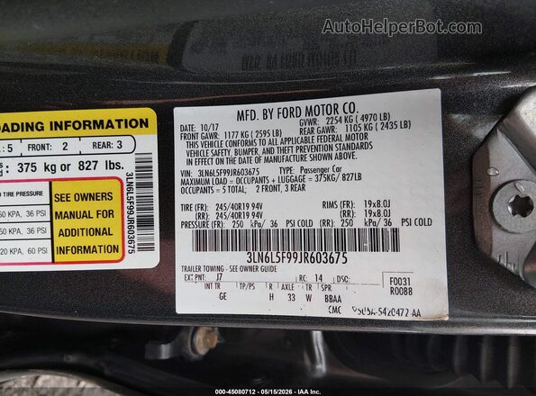 3LN6L5F99JR603675 2018 LINCOLN MKZ Gray VIN կոդի պիտակի տեսք