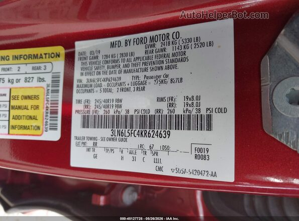 3LN6L5FC4KR624639 2019 LINCOLN MKZ Burgundy 
