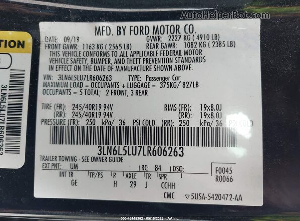 3LN6L5LU7LR606263 2020 LINCOLN MKZ Black Вид підкапотного простору