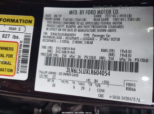 3LN6L5LUXLR604054 2020 LINCOLN MKZ Burgundy Вид підкапотного простору