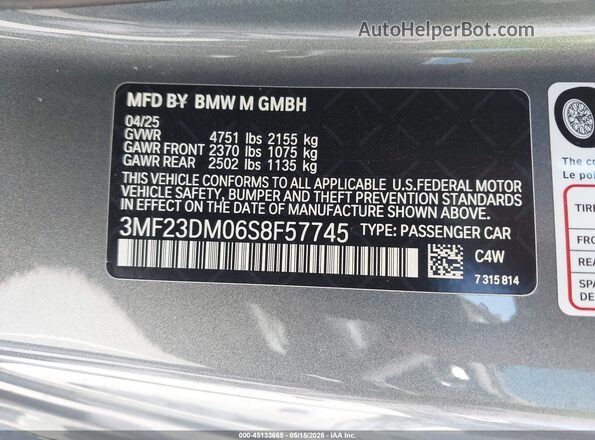 3MF23DM06S8F57745 2025 BMW M2 Gray Vista del compartimento del motor