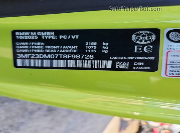 3MF23DM07T8F98726 2026 BMW M2 Green VIN կոդի պիտակի տեսք