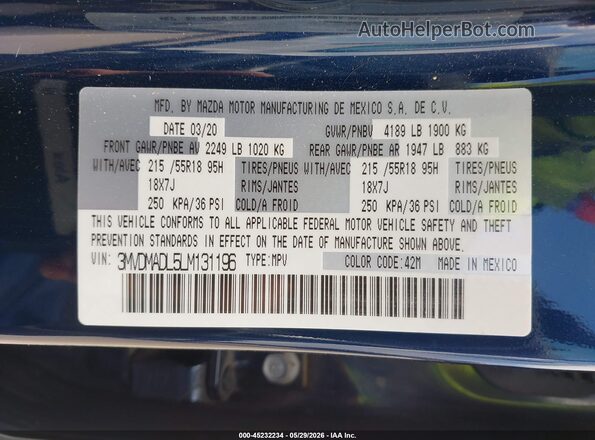 3MVDMADL5LM131196 2020 MAZDA CX-30 Blue ძრავის განყოფილების ხედი