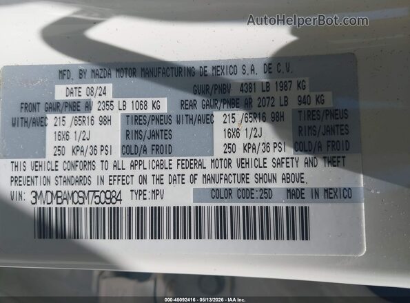 3MVDMBAM0SM750984 2025 MAZDA CX-30 White Շարժիչի բաժամունքի տեսք