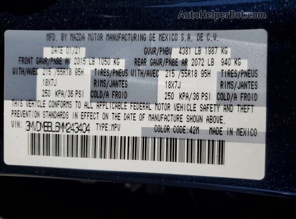 3MVDMBBL6MM243404 2021 MAZDA CX-30 Blue სალონის 360-გრადუსიანი ხედი