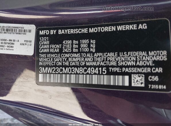 3MW23CM03N8C49415 2022 BMW 2 SERIES Purple Շարժիչի բաժամունքի տեսք