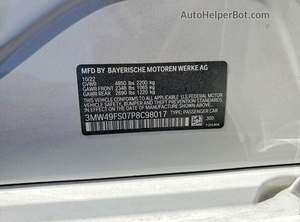 3MW49FS07P8C98017 2023 BMW M3 White VIN sticker view