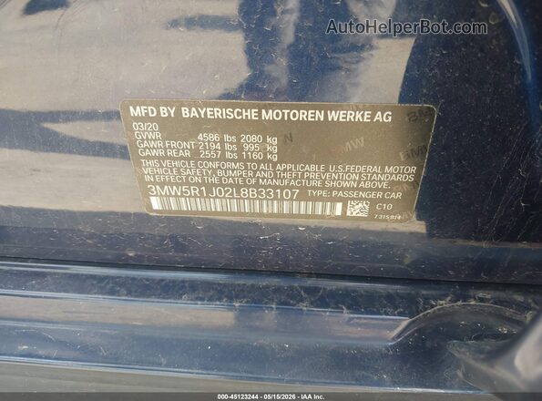 3MW5R1J02L8B33107 2020 BMW 3 SERIES Blue Widok komory silnika