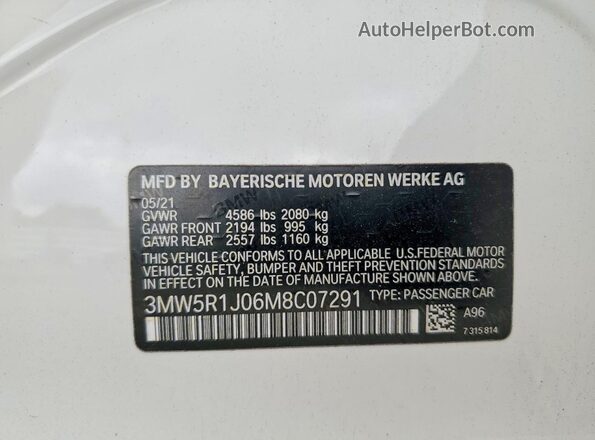 3MW5R1J06M8C07291 2021 BMW 3 SERIES Белый Вид подкапотного пространства