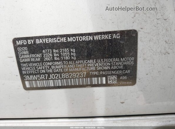 3MW5R7J02L8B29237 2020 BMW 3 SERIES White ძრავის განყოფილების ხედი