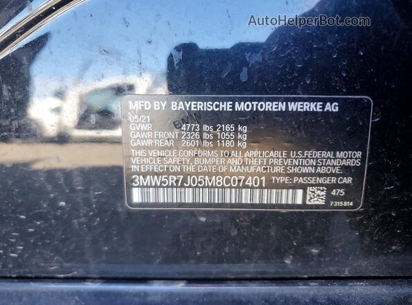 3MW5R7J05M8C07401 2021 BMW 3 SERIES Black Вид наклейки з VIN-кодом