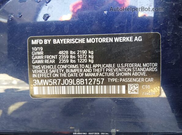 3MW5R7J09L8B12757 2020 BMW 3 SERIES Blue Շարժիչի բաժամունքի տեսք
