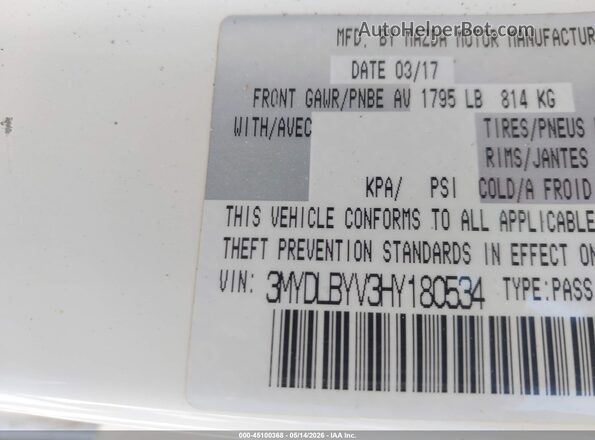 3MYDLBYV3HY180534 2017 TOYOTA YARIS IA White Widok komory silnika