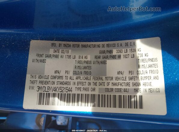 3MYDLBYV4KY521544 2019 TOYOTA YARIS Blue ძრავის განყოფილების ხედი